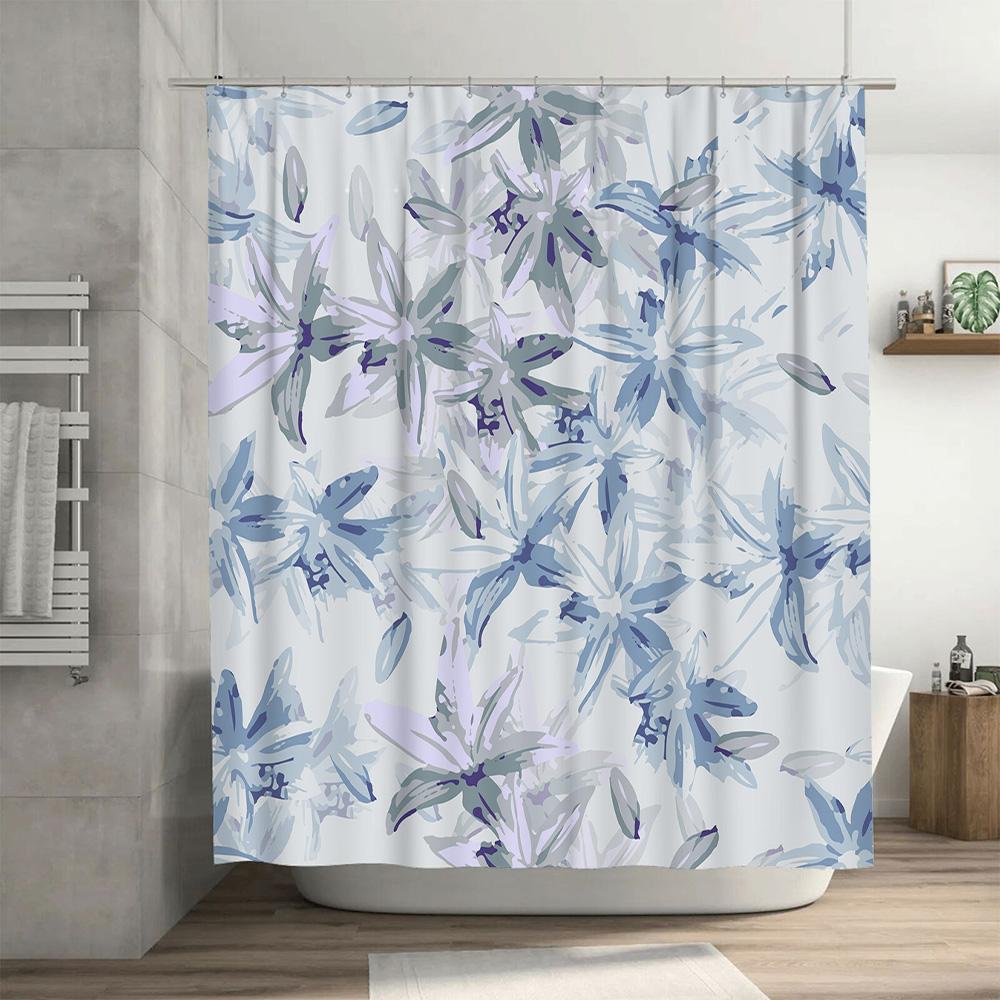 Blue and White Flower Print Shower Curtain Waterproof Bathroom Decor for Home Decoration 180x200cm (White)