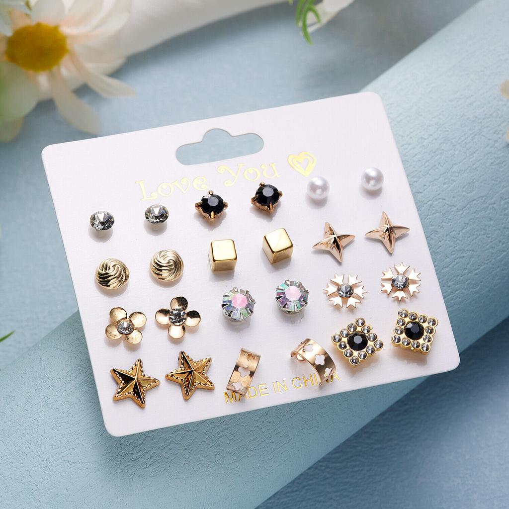 12 Pairs Earrings Set Stud Crystal Pearl Butterfly Flower Heart Women Jewelry