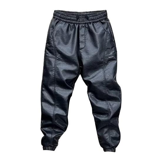 Men Pants Faux Leather Elastic Waist Windproof Waterproof Ankle-banded Patchwork Solid Color Loose Thick