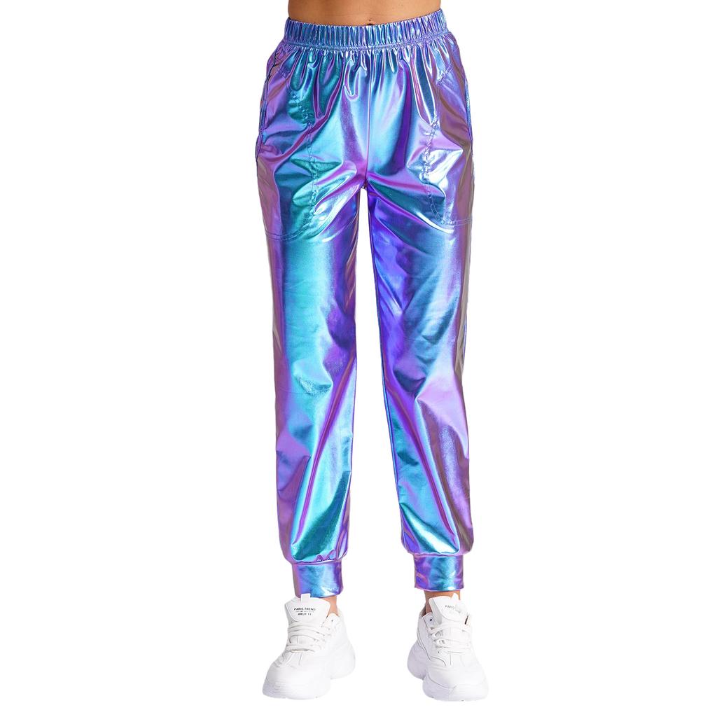 Женские металлизированные танцевальные брюки с высокой талией, эластичный пояс, свободный крой, спортивные брюки, блестящие, современные брюки