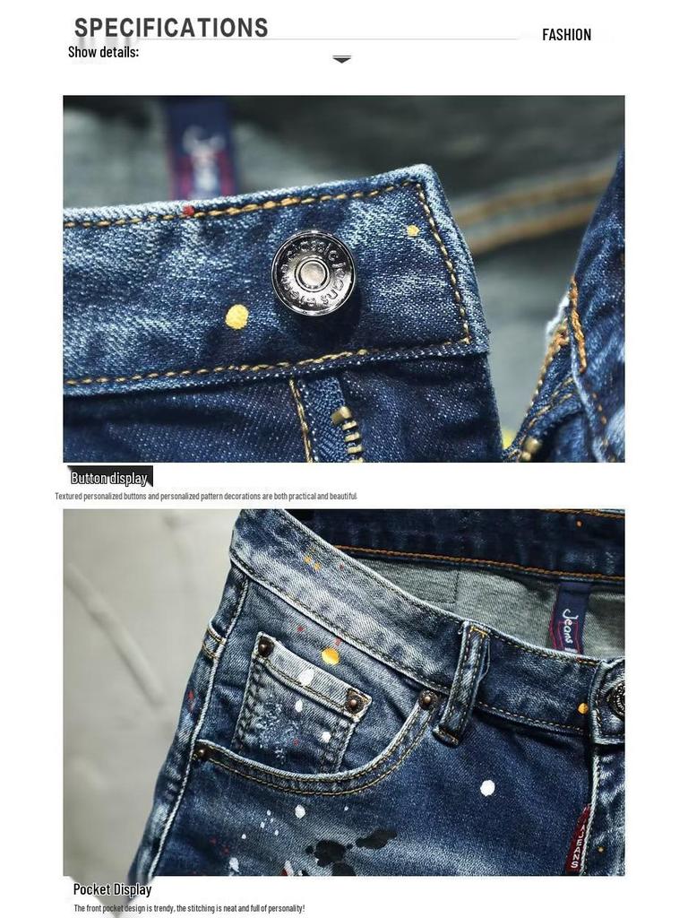 Мужские джинсовые шорты с брызгами краски - Модные облегающие, средней длины, в корейском стиле, летние узкие универсальные.