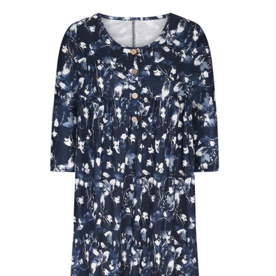 Summer Women Dress A-line Loose Hem Pleated O Neck Button Short Sleeve Loose Side Pockets Retro Floral Print Mid-calf Length Commute Beach Midi Dress