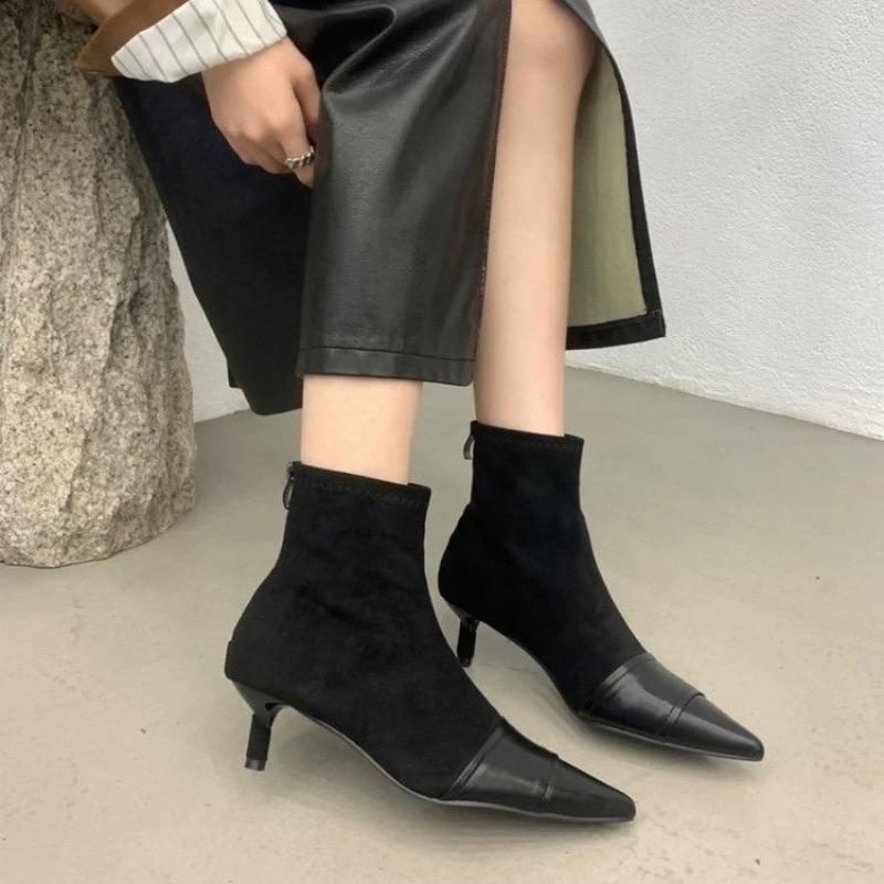 High Heeled Booties Women Autumn Winter New Pointed Toe Spliced Rear Zipper Slim Heel Stretch Skinny Single Boots