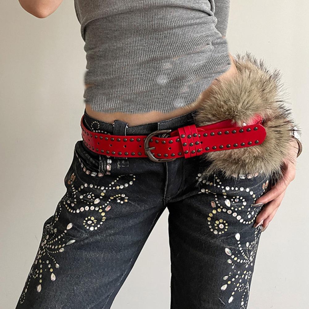 Western Style Y2K Waistband Rivet Plush Belt Simple Leather Fur Belt  Daily