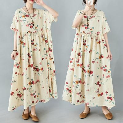 Женское платье больших размеров, новинка 2024 года, летние зеленые платья, свободные платья с круглым вырезом и цветочным принтом, новинка 1046