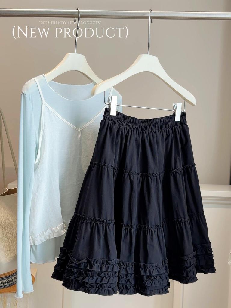 Летняя корейская юбка А-силуэта с оборками и кружевом, с высокой талией