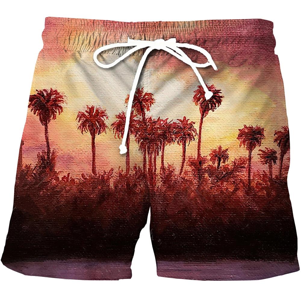 Мужские повседневные шорты, пляжные Гавайские повседневные спортивные шорты, шорты с 3D принтом и натуральными растениями, модные мужские дышащие шорты на шнурке