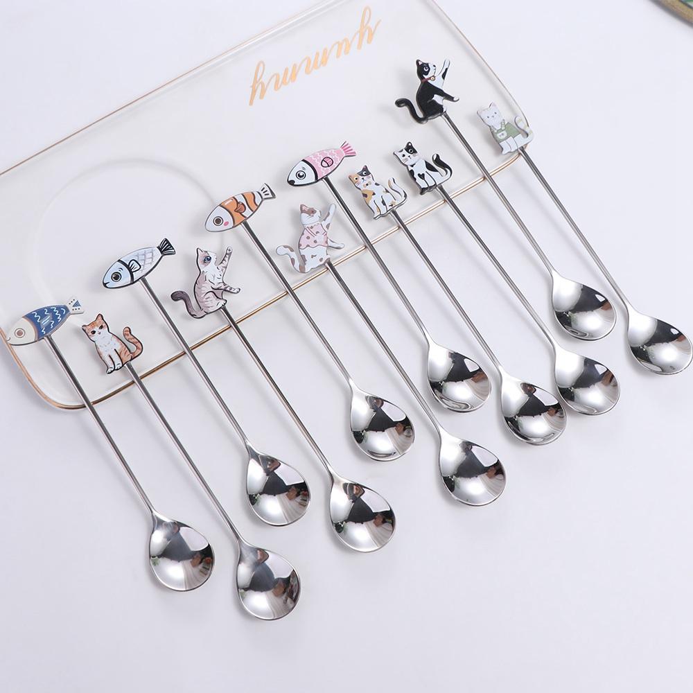 Japanese Korean Style Cat Fish Stainless Steel Spoon Polished Teaspoon Cute Stirring Spoon Cake