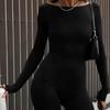 Европейский и американский осенний однотонный облегающий комбинезон с круглым вырезом и длинными рукавами, открытой спиной, для темпераментной пикантной девушки