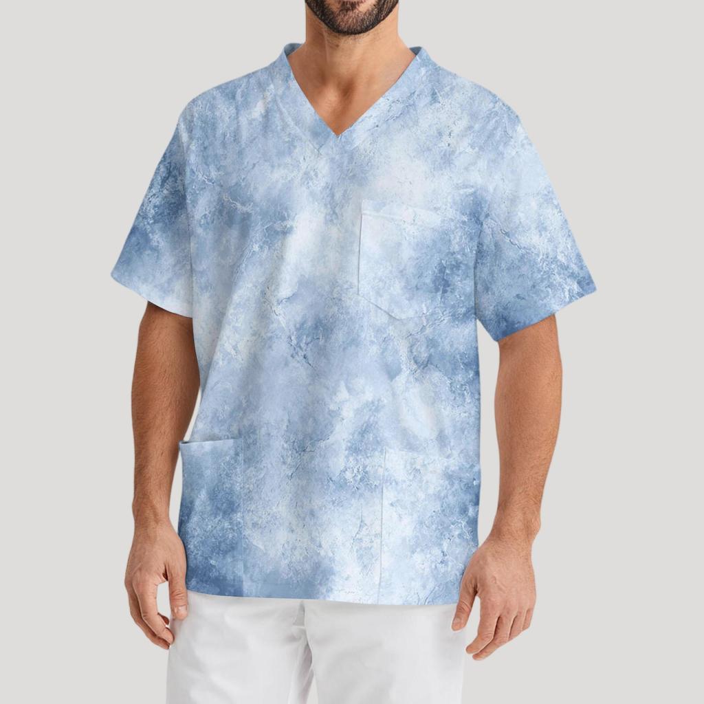 Мужская рабочая блузка с короткими рукавами и v-образным вырезом с принтом, топ с нагрудным карманом