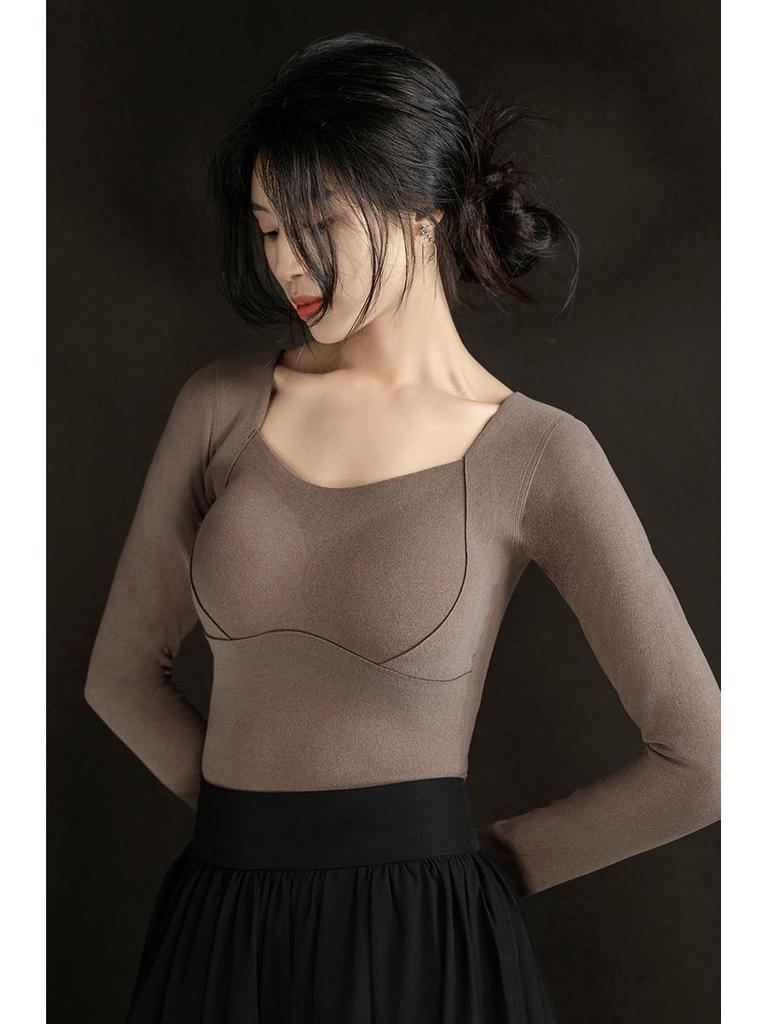 Graphene Long-Sleeve Warm Bottoming Shirt with Chest Pad - Seamless Fixed Cup Inner Top for Women (Autumn/Winter)