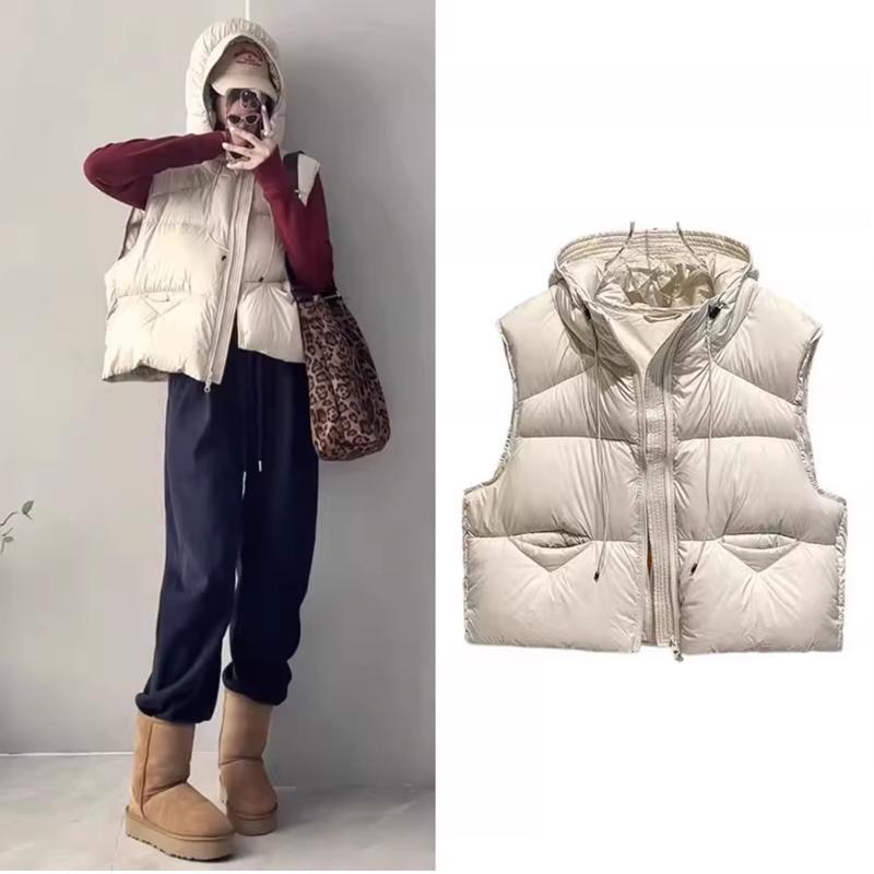 Short Thick Hooded Ladies Sleeveless Vest, Warm and Comfortable Women's Black Vest Jacket In Autumn and Winter