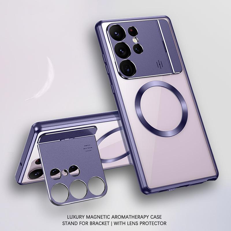 Роскошный магнитный чехол для ароматизатора Samsung Galaxy S25 S24 S23 S22 S21 Ultra с защитой объектива, складной кронштейн, металлический чехол для Magsafe