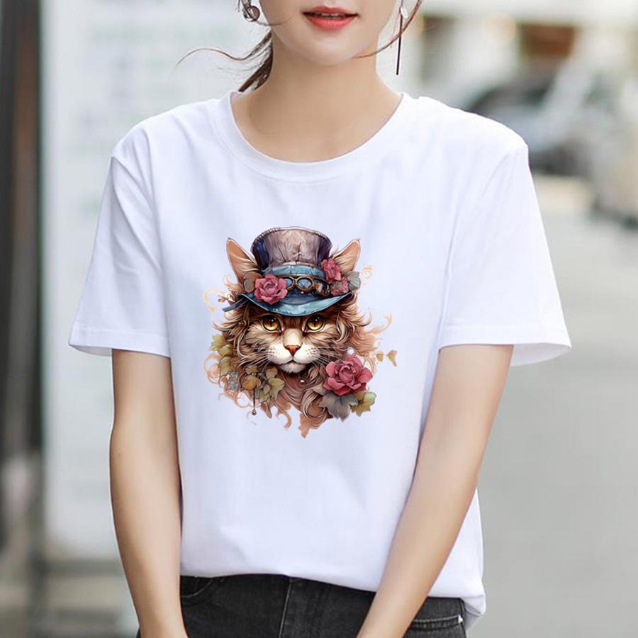 Кошка в шляпе, утюг на заплатках, нашивка с цветком и животным, теплопередача, наклейки для одежды «сделай сам», Parches Ropa, гладильная наклейка