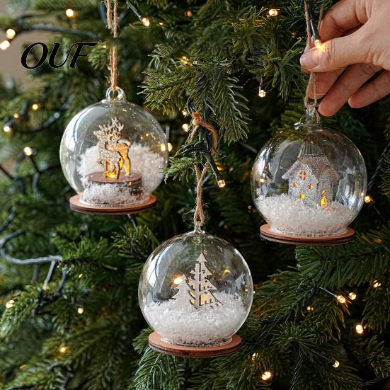 LED Lit Christmas Keepsakes Lighted Glass Ball Ornament, Winter Snow Scene Tree Festive Accessories Hanging Bauble with Reindeer Cabin for Decorations