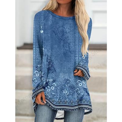 Женская винтажная туника с длинным рукавом и 3D-принтом в цветочек, футболки, женская мода, футболка оверсайз, женские футболки, топы, осенняя одежда