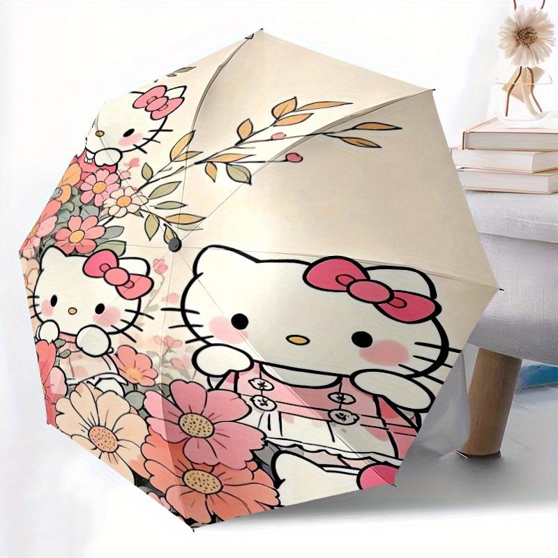 Hello Kitty in the Flowers Automatic Opening and Closing Umbrella - Small Umbrella Suitable for Various Occasions, Portable 3-Fold Small Umbrella for