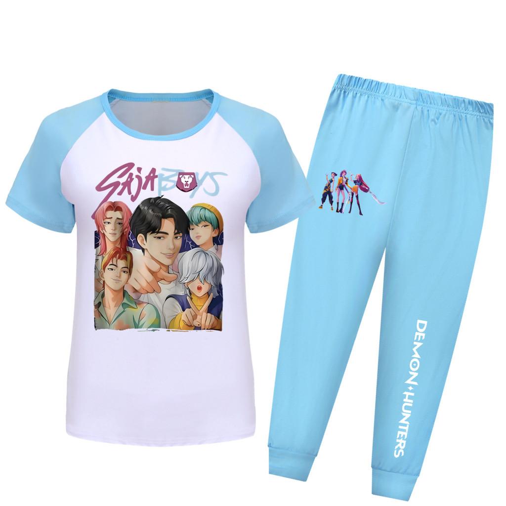 Kpop Охотники на демонов Саджа Мальчики Узор Рубашка с коротким рукавом Длинные брюки Пижамный костюм