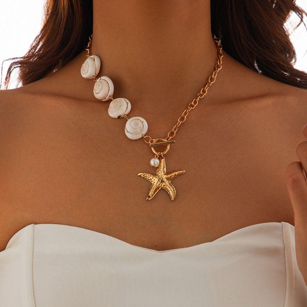 Bohemian Starfish Beaded Necklace Sea Series Shell Beaded Chain  Women