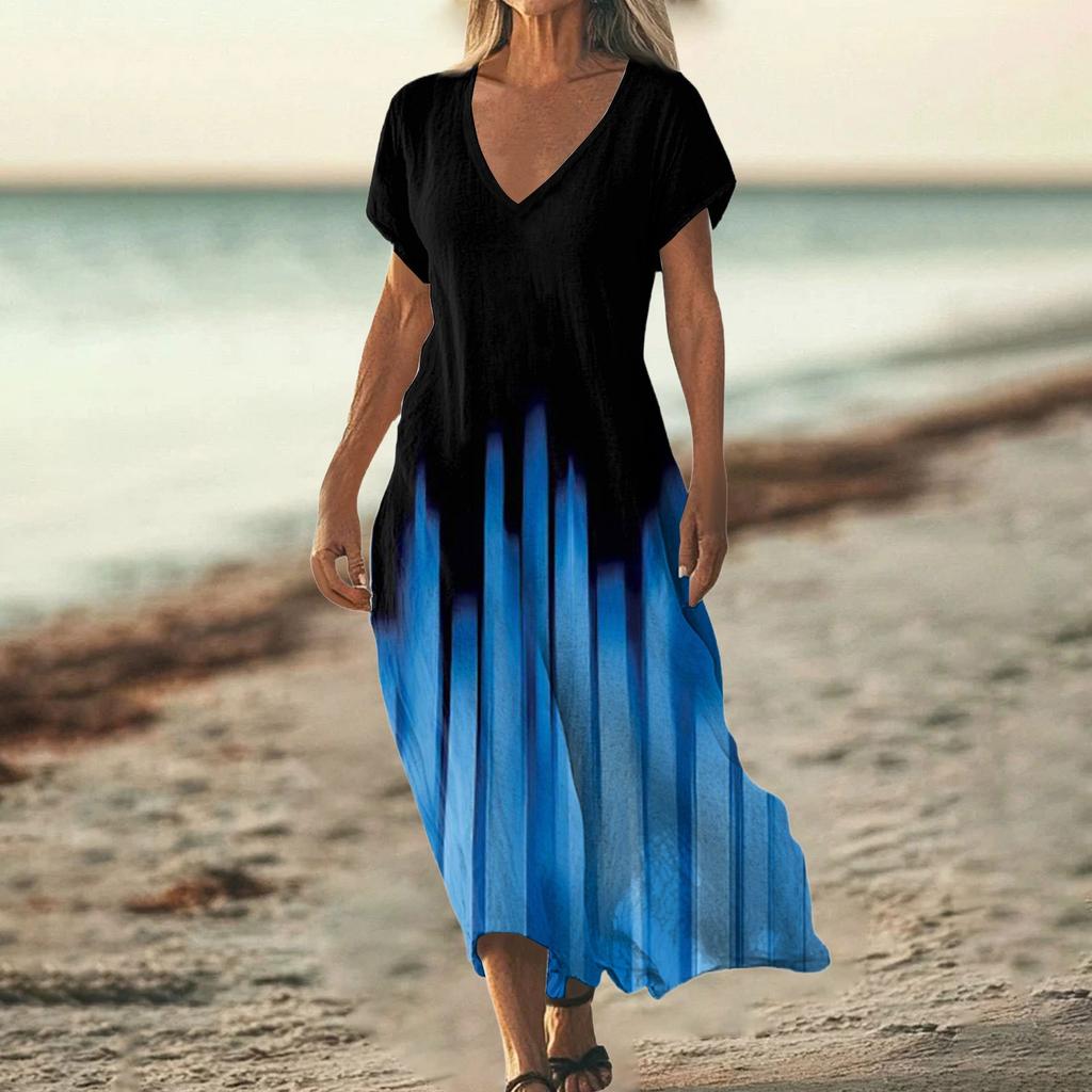 Fashion Women's Summer V-Neck Short Sleeve Floral Print Beach Dress