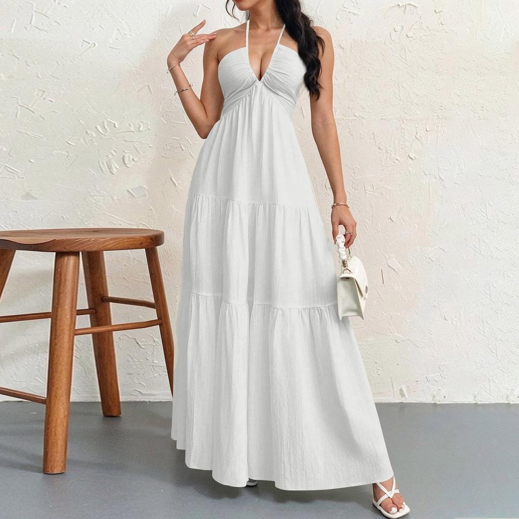 Women's Summer Casual Fashion Solid Color Dresses V-Neck Sleeveless Dresses