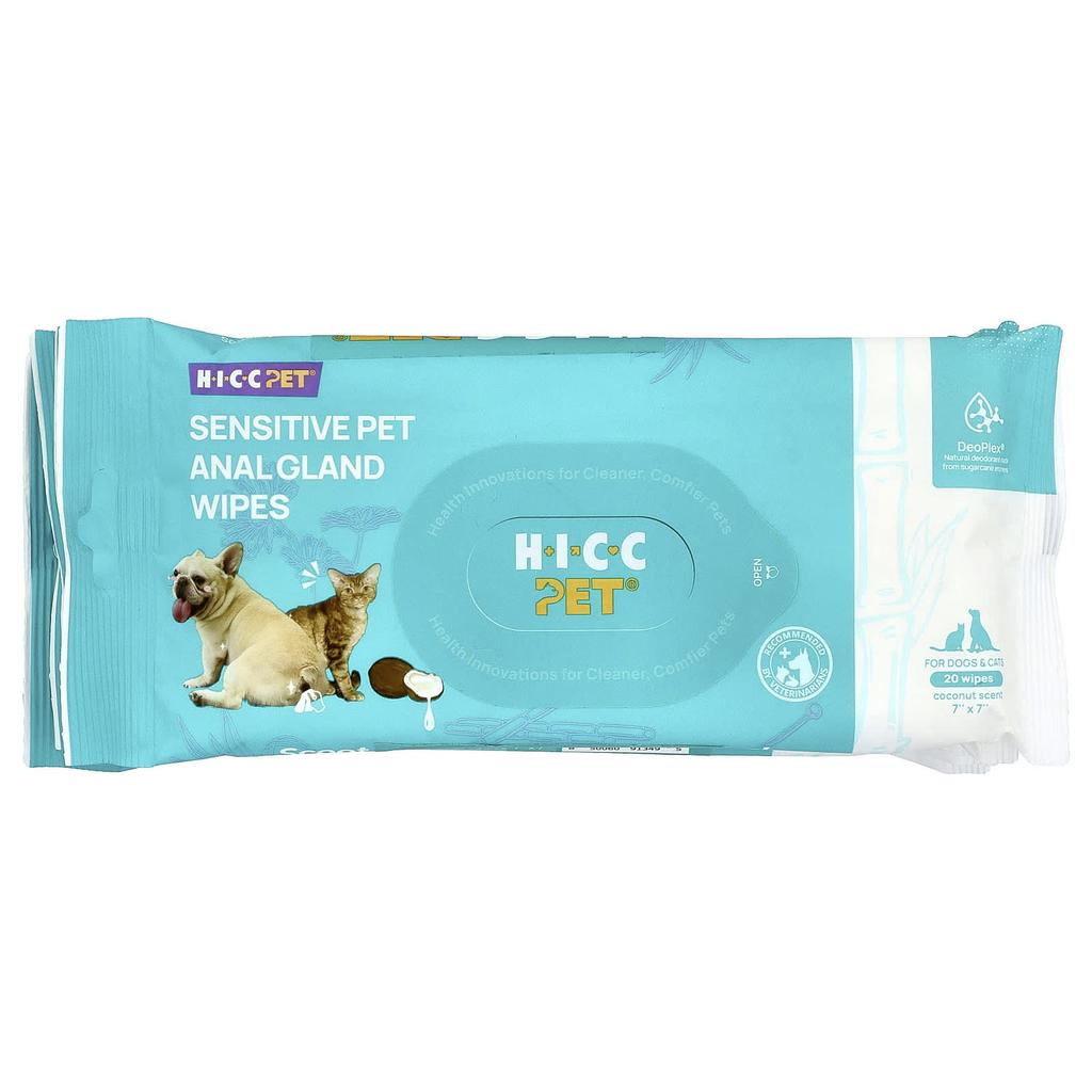 HICC Pet, Чувствительные ткани анальных желез питомца, Собаки и кошки, Кокос, 6 упаковок, по 20 листов в каждой