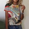 Round Neck 3D Abstract Marble Art Printed Casual Short Sleeved Women's T-shirts - Soft Medium Stretch Polyester Fabric Summer Relaxed Fit Clothing