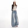 Autumn new American retro bamboo pattern jeans women's splicing loose and thin wide-leg straight-leg pants