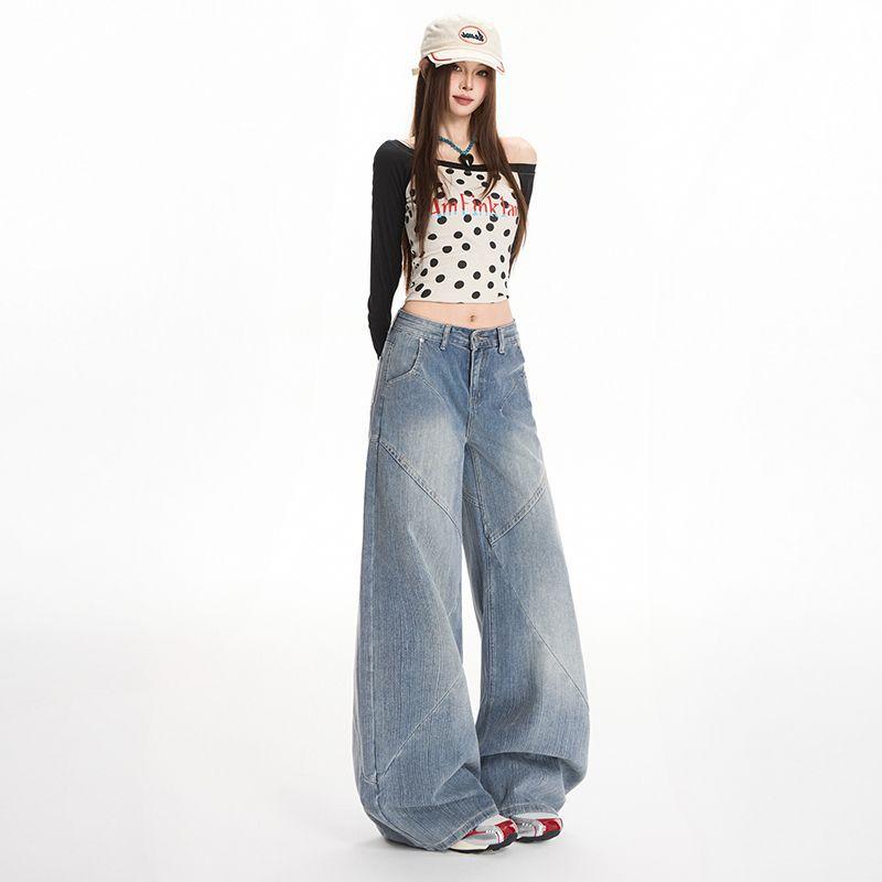 Autumn new American retro bamboo pattern jeans women's splicing loose and thin wide-leg straight-leg pants