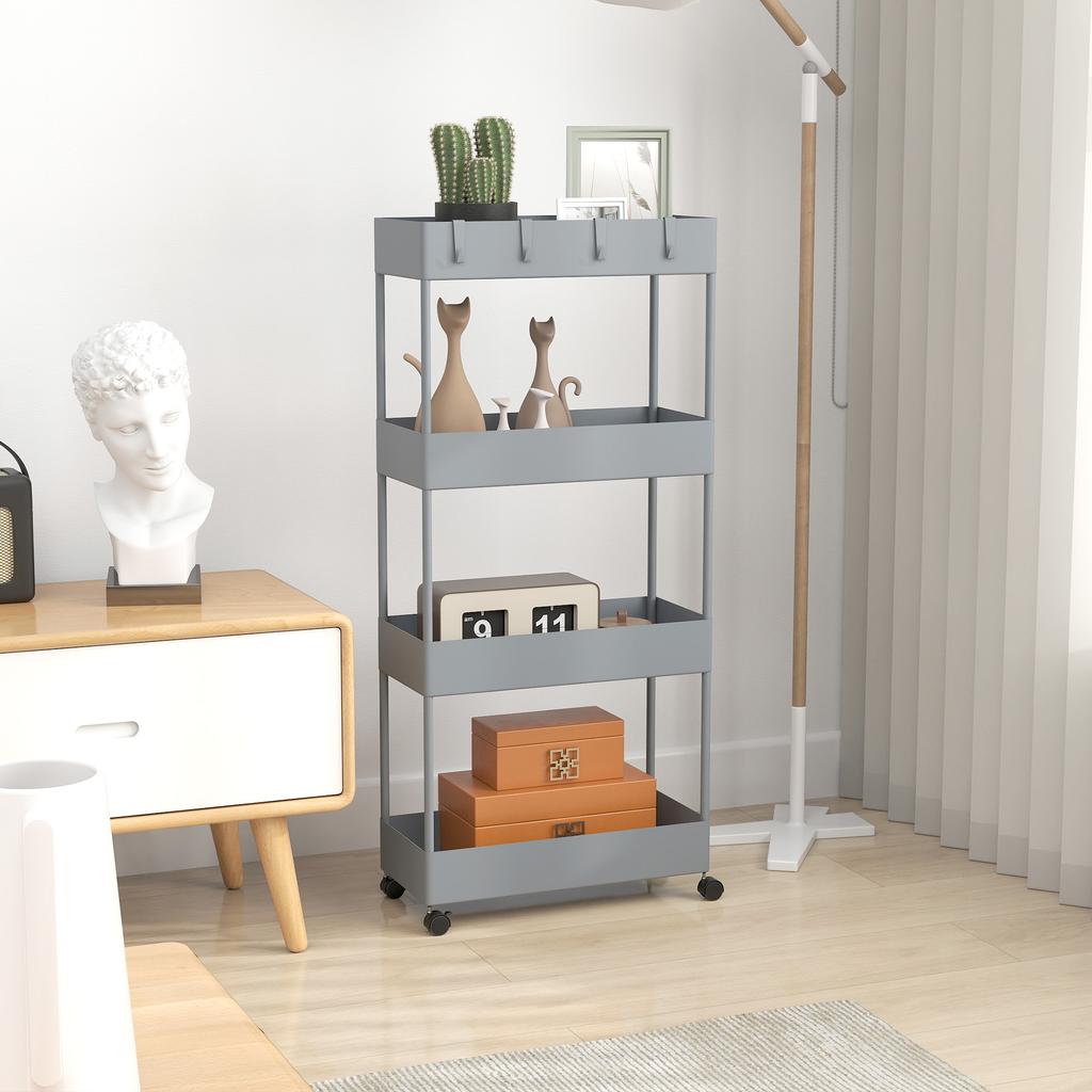 Kitchen Cart with 4 Shelves, 4 Flexible Hooks, 4 Wheels, 40 cm x 19 cm x 90 cm, Narrow Gap Cart, Grey