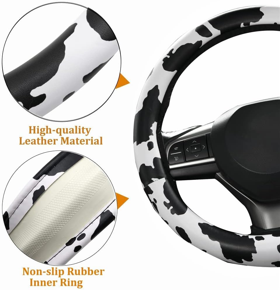 Cow Pattern Steering Wheel Cover, Universal 15 Inch Breathable Microfiber Leather Car Steering Wheel
