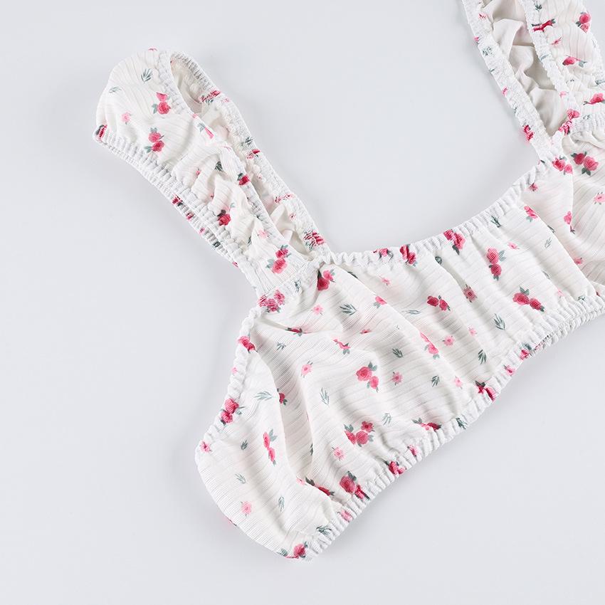 Spring and summer new sweet floral printing suspender trousers two-piece set European and American knitted pit strip women's pajamas loungewear