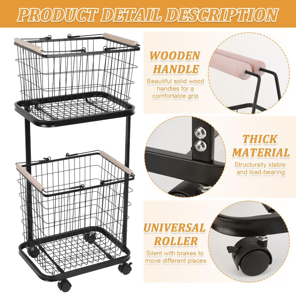 2 Tier Laundry Cart with Wheels Metal Frame 2-Section Storage Basket Bathroom Organizer Cart for Laundry Room Closet Storage