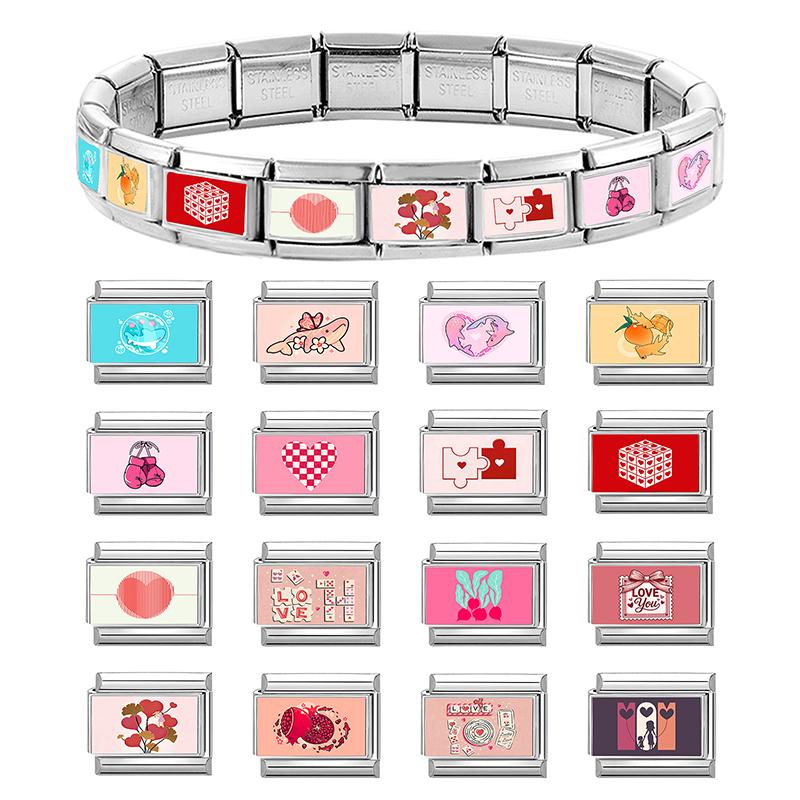 New Pink Love Series Y2K Cute Cat Dolphin Heart Italian Charm Links Fit 9mm Stainless Steel Bracelet Girls' DIY Making Jewelry