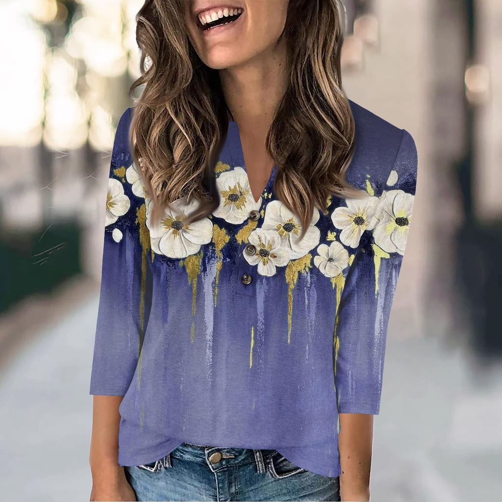 Women's Fashion Casual Loose 3/4 Sleeve Printed Round Neck Top