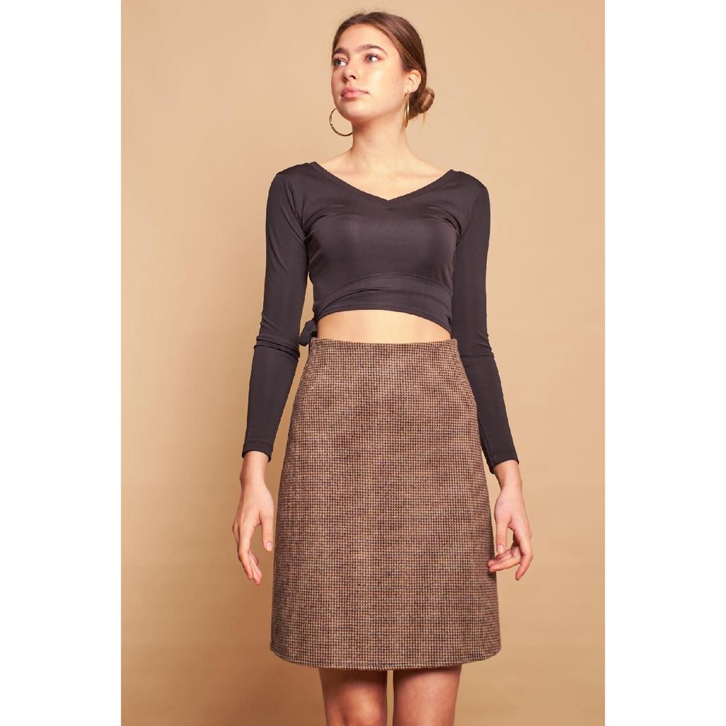 Легкая шерстяная зимняя жаккардовая ткань из лайкры с высокой талией Легкая юбка-колокольчик выше колена — черная диагональ