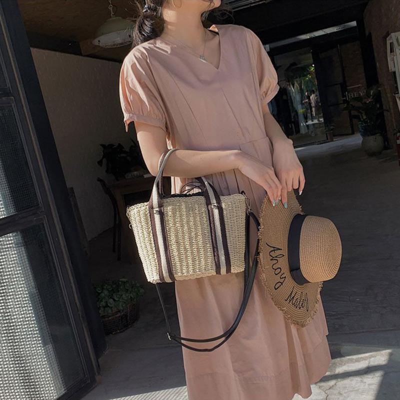 Женская сумка в богемном стиле, соломенная сумка, женская тканая женская сумка-тоут ручной работы, летняя пляжная сумка на плечо с полосатым ремнем, вязаная сумка из ротанга большой вместительности