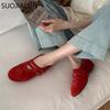 Fashion SUOJIALUN 2025 New Brand Women Flat Shoes Fashion Red Round Toe Ladies Mary Jane Shoes Flat Heel Genuine Leather Single Shoes