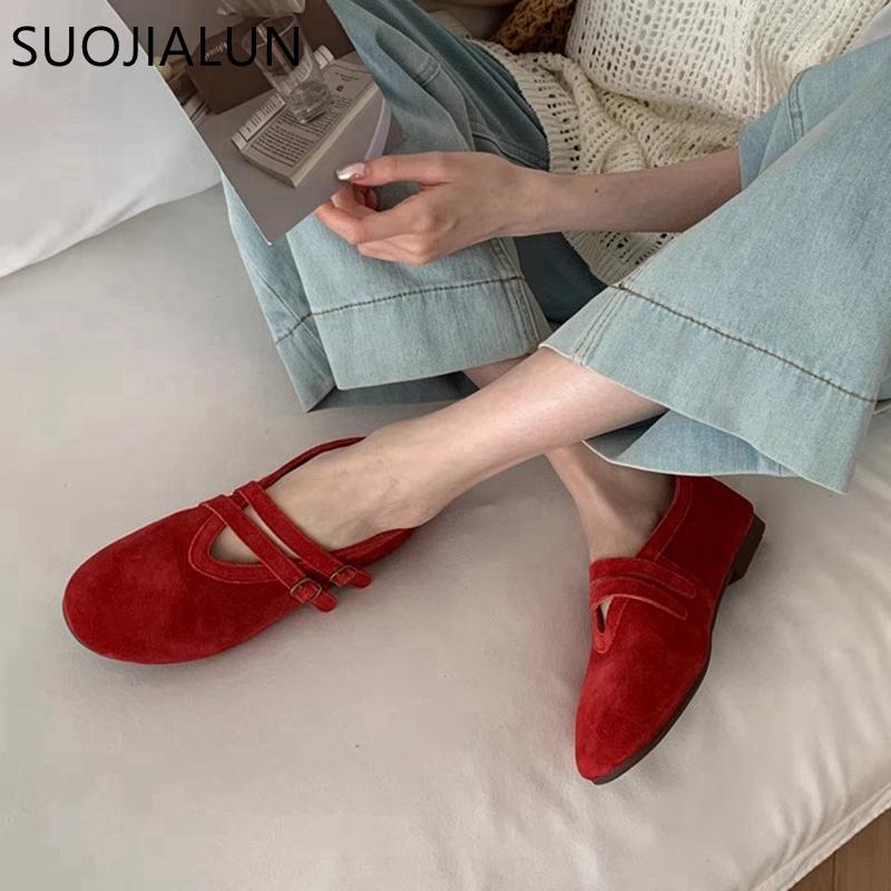 Fashion SUOJIALUN 2025 New Brand Women Flat Shoes Fashion Red Round Toe Ladies Mary Jane Shoes Flat Heel Genuine Leather Single Shoes