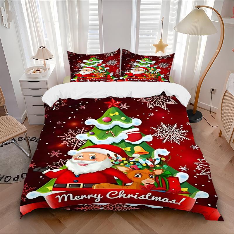 3pcs Merry Christmas! Santa Claus & Reindeer Bedding Set, Includes 1 Quilt Cover and 2 Pillowcases (No Core), Festive Gift for Bedroom