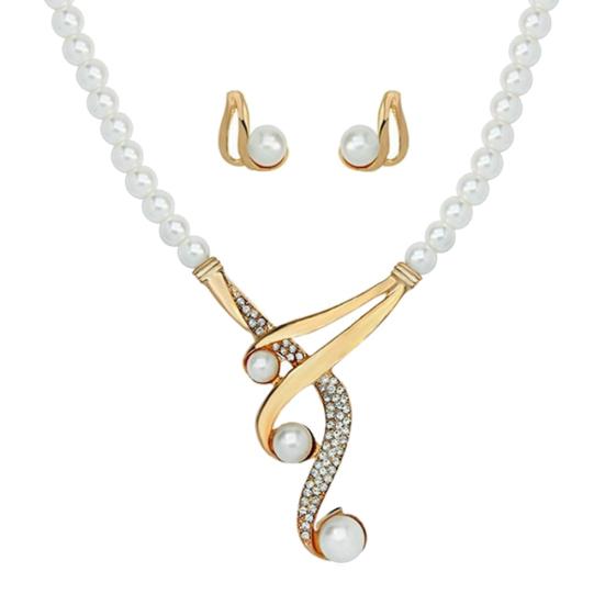 Hook Shape Pendant Faux Pearl Beaded Necklace Earrings Bridal Party Jewelry Set