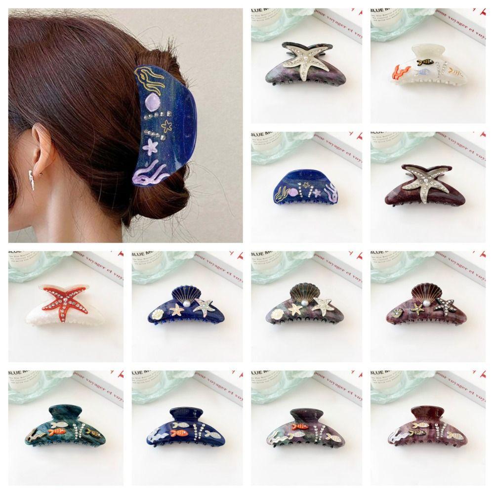 Starfish Ocean Shell  Hair Grab Hair Clip Acrylic Shark Clip Cute Rhinestone  Hair Claw  Girls