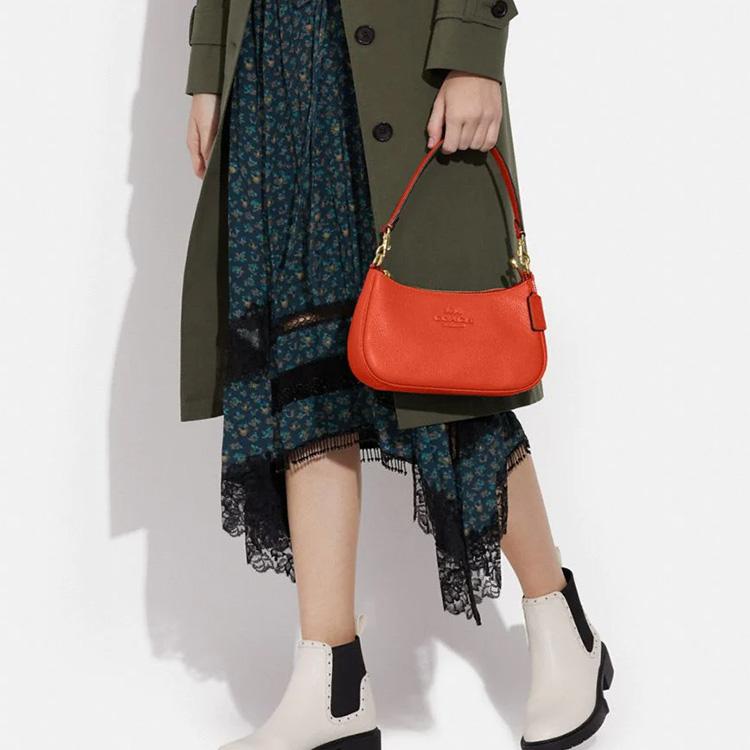 New COACH Teri Pebbled Leather Shoulder Bag, Portable Crossbody Bag Women's Orange Red CC321-IMQLZ