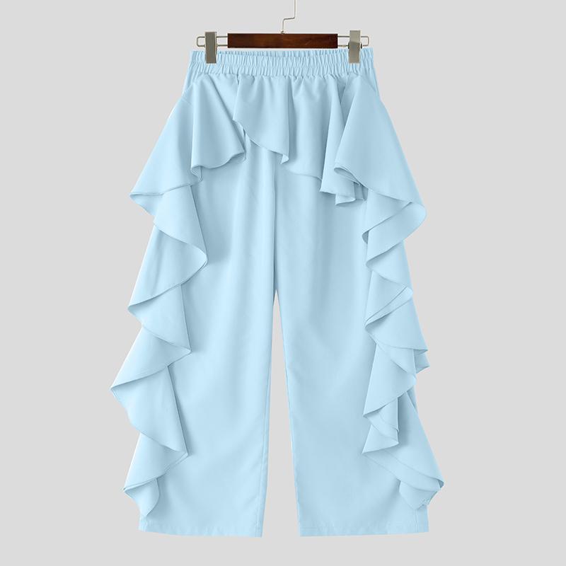 INCERUN Мужские брюки с эластичной талией, однотонные, нерегулярные, длинные брюки с оборками