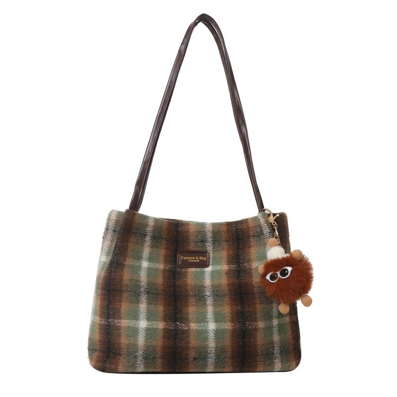 Шерстяная клетчатая сумка для женщин на осень и зиму, новая ретро-сумка для студентов, повседневная сумка большой вместимости на одно плечо подмышкой