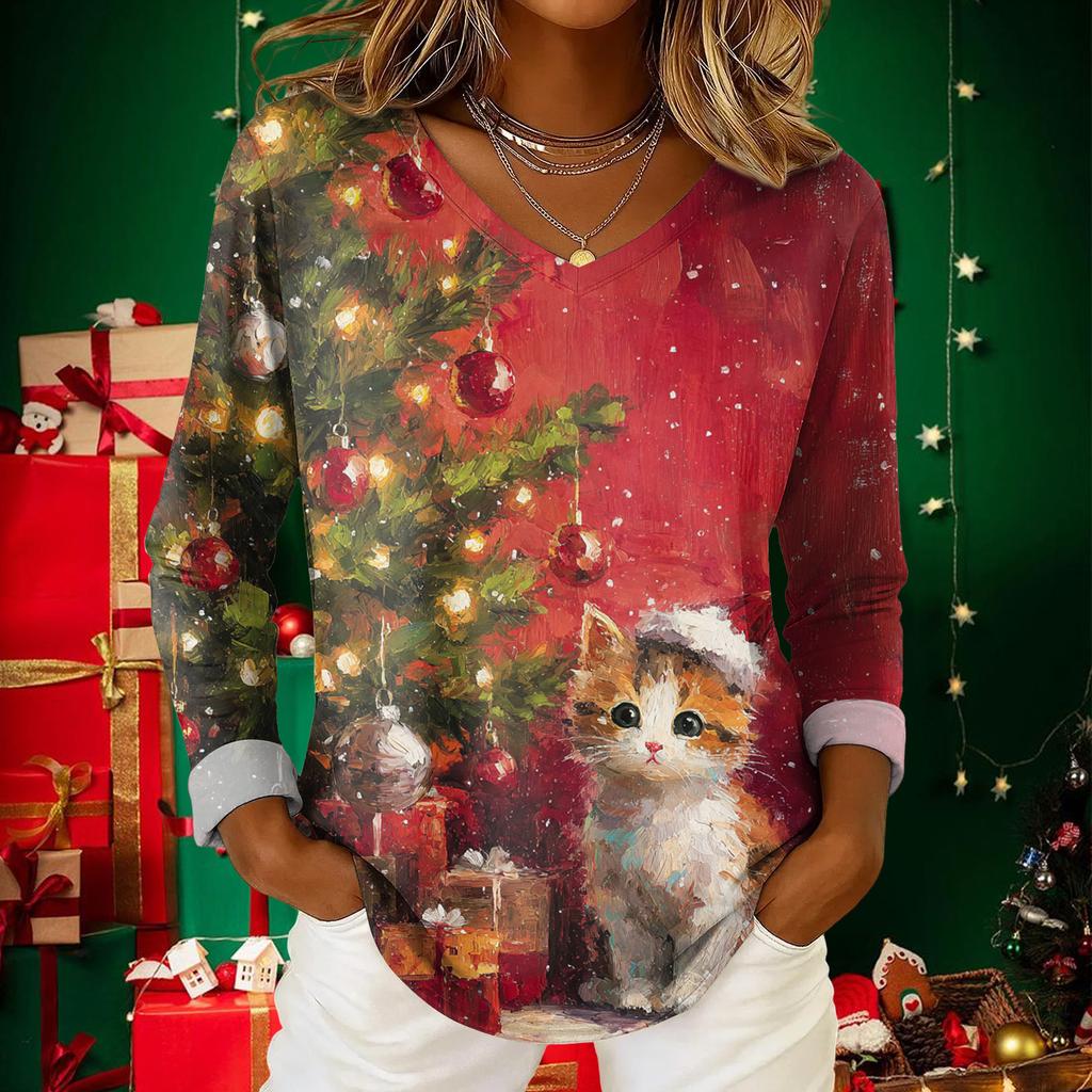 Women's Christmas Print Casual V-Neck Long Sleeve Top