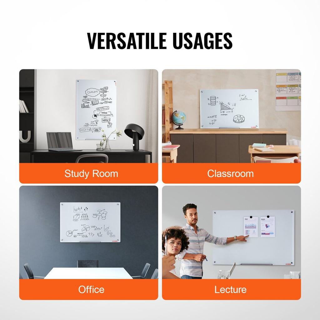 Magnetic Glass Whiteboard, Dry Erase Board 900 x 600 mm, Wall-Mounted Large White Glassboard Frameless, with Marker Tray, an Eraser and 2 Markers,