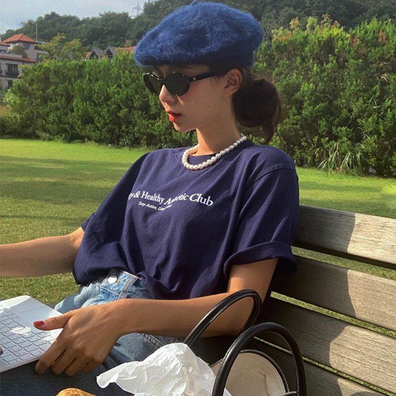 American Vintage Sports Style Healthy Niche Letter Slogan Casual Wide Loose Shoulder Pure Cotton Short Sleeve T-shirt