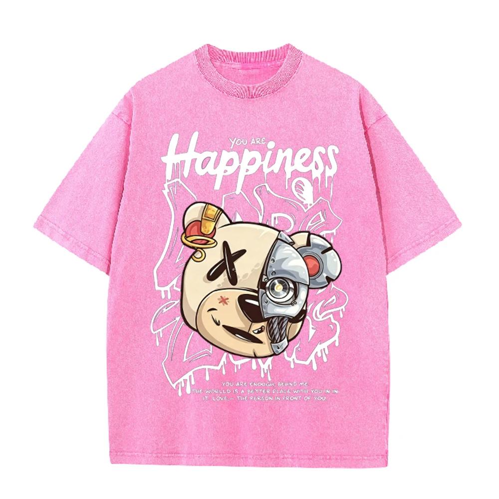2026 Vintage Washed Beige Mechanical Bear Happiness Letter Graphic T Shirt Street Graffiti Print Oversized Casual Short Sleeve T