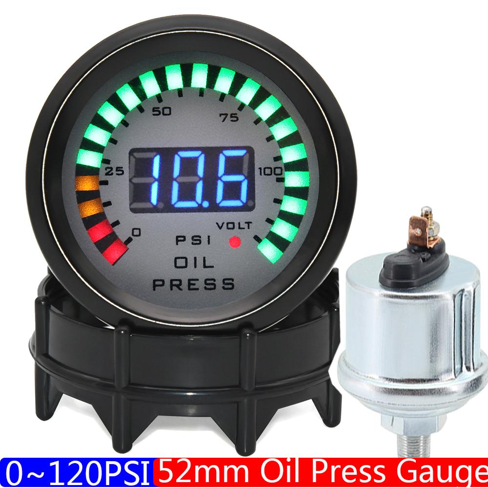 Gasoline Engine Car Auto 12V 52mm 2"; Digital Universal Oil Press Gauge 0-120PSI Oil Pressure Meter LED With Sensor 1/8NPT